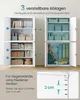 Two white cabinets are shown, one with its doors open, displaying adjustable shelves and various items. A close-up of a cabinet edge shows a measurement scale. Produktbild-Vorschau