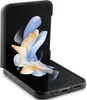 A black flip phone case is shown open, displaying the phone's screen with a floral wallpaper. Podgląd zdjęcia produktu
