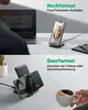 Two scenes showing a wireless charger in use: one for video calls in portrait mode and another for watching videos in landscape mode. Produktbild-Vorschau