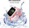 A pink smartwatch is shown partially submerged in water, with water splashes around it. Text overlays highlight its waterproof features. Produktbild-Vorschau