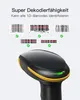 A barcode scanner is shown with examples of 1D barcodes that it can scan. Produktbild-Vorschau