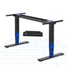 A black electric standing desk frame with blue accents, shown on a grid background. Produktbild-Vorschau