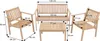 A diagram showing the dimensions of a wooden garden furniture set, including a bench, two chairs, and a coffee table. Voir les images du produit
