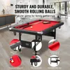 A VEVOR billiard table is shown in a room with text overlays highlighting its features. Produktbild-Vorschau