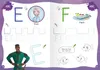 A page from a children's workbook showing letters E and F with associated characters and activities. Voir les images du produit