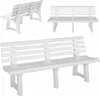 A collage of three white plastic garden benches against a white background.