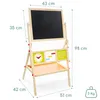A wooden easel with a blackboard, clock, abacus, and alphabet chart, with dimensions indicated by dotted lines and text. Produktbild-Vorschau