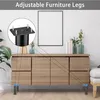 A product image showing adjustable furniture legs attached to a wooden cabinet, with a close-up inset of one leg and screws. Produktbild-Vorschau