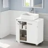 A bathroom vanity with a vessel sink and faucet, with the cabinet doors open to reveal storage. Produktbild-Vorschau