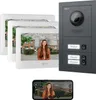 A collage showing a video intercom system with multiple indoor monitors, an outdoor unit, and a smartphone displaying the app interface. Produktbild-Vorschau