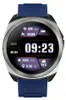 A close-up, front-facing view of a smartwatch with a blue strap and a silver bezel. The watch face displays the time, date, heart rate, steps, calories burned, distance, and temperature. Náhled obrázku produktu