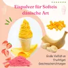 A marketing image for strawberry Danish soft serve powder, featuring a soft serve ice cream cone, strawberries, banana slices, and diced mango. Produktbild-Vorschau