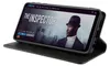 A smartphone in a black flip case is displayed on a white background. The phone screen shows a movie poster for 'The Inspector'. Produktbild-Vorschau