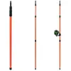 Three orange telescopic poles are shown against a white background. One pole is fully extended, another is partially extended, and the third has a green laser level attached. Produktbild-Vorschau