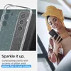 A woman with a towel on her head is holding a phone with a glittery case. The image also shows a close-up of a clear phone case with glitter. Produktbild-Vorschau