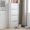 A white shoe cabinet with four flip-down doors and a mirror on the right side, placed in a room with a poster on the wall and curtains in the background. Náhľad obrázku produktu
