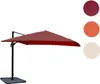 A cantilever umbrella is shown in red, with three color swatches to the right: burgundy, orange, and cream. Produktbild-Vorschau