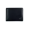 A black leather wallet with a logo on the bottom right corner, isolated on a white background. Produktbild-Vorschau