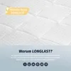 A close-up of a white quilted mattress cover with marketing text and icons. Produktbild-Vorschau