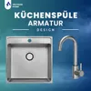 A stainless steel kitchen sink and faucet are displayed against a gradient blue and teal background with text overlay. Produktbild-Vorschau
