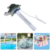 A collage of images showing a pool thermometer and people enjoying pools and hot tubs. Anteprima dell’immagine prodotto