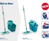 Comparison of an old and new version of a cleaning mop system, with feature callouts for the new version. Produktbild-Vorschau