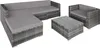A set of outdoor rattan furniture including a sofa, armchair, coffee table, and ottoman, arranged on a white background. Voir les images du produit