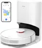 A white robot vacuum cleaner with its docking station and a smartphone displaying a cleaning map. Voir les images du produit