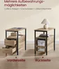 Two identical side tables are shown, one from the front and one from the back, with text highlighting storage options. Produktbild-Vorschau