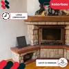 A fireplace with a hearth and a black grate on the hearth. There are marketing overlays with text and icons. Podgląd zdjęcia produktu
