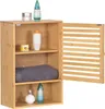 A wooden bathroom cabinet with its door open, displaying shelves with toiletries and a towel. Produktbild-Vorschau