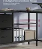 A corner desk with shelves, drawers, and storage boxes, showing adjustable shelf height. Produktbild-Vorschau