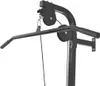 A close-up view of a black metal lat pulldown attachment with pulleys and a bar, mounted on a white background. Produktbild-Vorschau