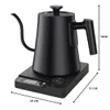 A black electric gooseneck kettle with a digital display and controls on a black base, with dimensions indicated. Produktbild-Vorschau
