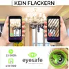 Two hands holding smartphones displaying a chandelier. The left phone shows a green checkmark, indicating no flicker, while the right phone shows a red X, indicating flicker. Below this, there are icons and text related to product features and safety. Produktbild-Vorschau