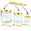 Three glass jars of different sizes are shown side-by-side with arrows pointing to them from the word "VERGLEICH" (Comparison) at the top. Text below each jar indicates their capacity in grams. Náhľad obrázku produktu