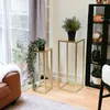 Two gold metal plant stands with plants on them, placed in a room with a brown sofa and curtains. Anteprima dell’immagine prodotto