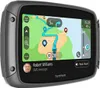 A TomTom GPS navigator displaying a map and navigation route, with an incoming SMS message notification. Produktbild-Vorschau