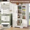 A white kitchen cabinet with multiple doors and shelves, showcasing its features with inset images and text. Náhľad obrázku produktu