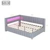 A gray upholstered bed frame with integrated LED lighting and dimension labels. Náhled obrázku produktu