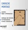 A black picture frame is shown from the back, with text describing its features and a logo. Voir les images du produit