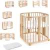 A collage of different configurations and a close-up of a wooden baby crib with a mattress. Produktbild-Vorschau