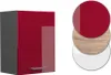 A red high-gloss cabinet door with a gray side panel, shown next to three circular swatches representing different material finishes: red high-gloss, wood grain, and white high-gloss. Anteprima dell’immagine prodotto