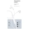 A close-up marketing image of white USB-C stereo headphones, showing the in-line remote control with buttons and text descriptions of their functions. Produktbild-Vorschau