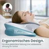 A woman sleeping on a pillow, with graphics and text highlighting its features. Produktbild-Vorschau