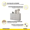 A white sideboard with three drawers and two doors, decorated with a lamp and two vases on top. Various features of the sideboard are highlighted with text and close-up images. Voir les images du produit