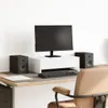 A clean, minimalist desk setup featuring a monitor stand with drawers, a monitor, keyboard, and speakers. Anteprima dell’immagine prodotto