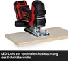 A cordless jigsaw is shown on a piece of wood, with text overlay describing a feature. Produktbild-Vorschau