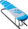 A small ironing board with a blue and white patterned cover, resting on its black metal legs. Produktbild-Vorschau
