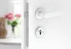 A close-up view of a white door handle and lock mechanism, with a blurred background of a vase with pink flowers. Produktbild-Vorschau